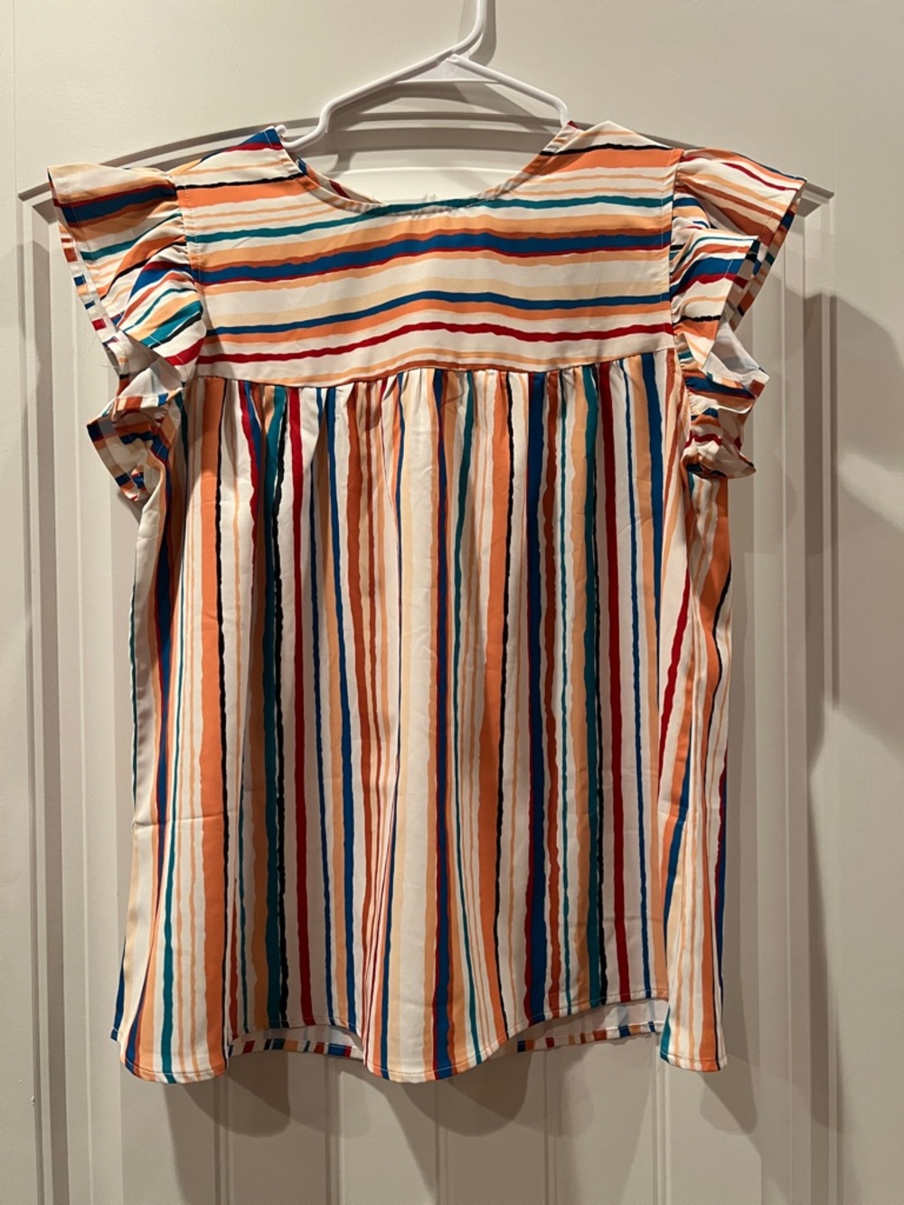 Multi-Stripe Flutter Sleeve Blouse - White/Multi